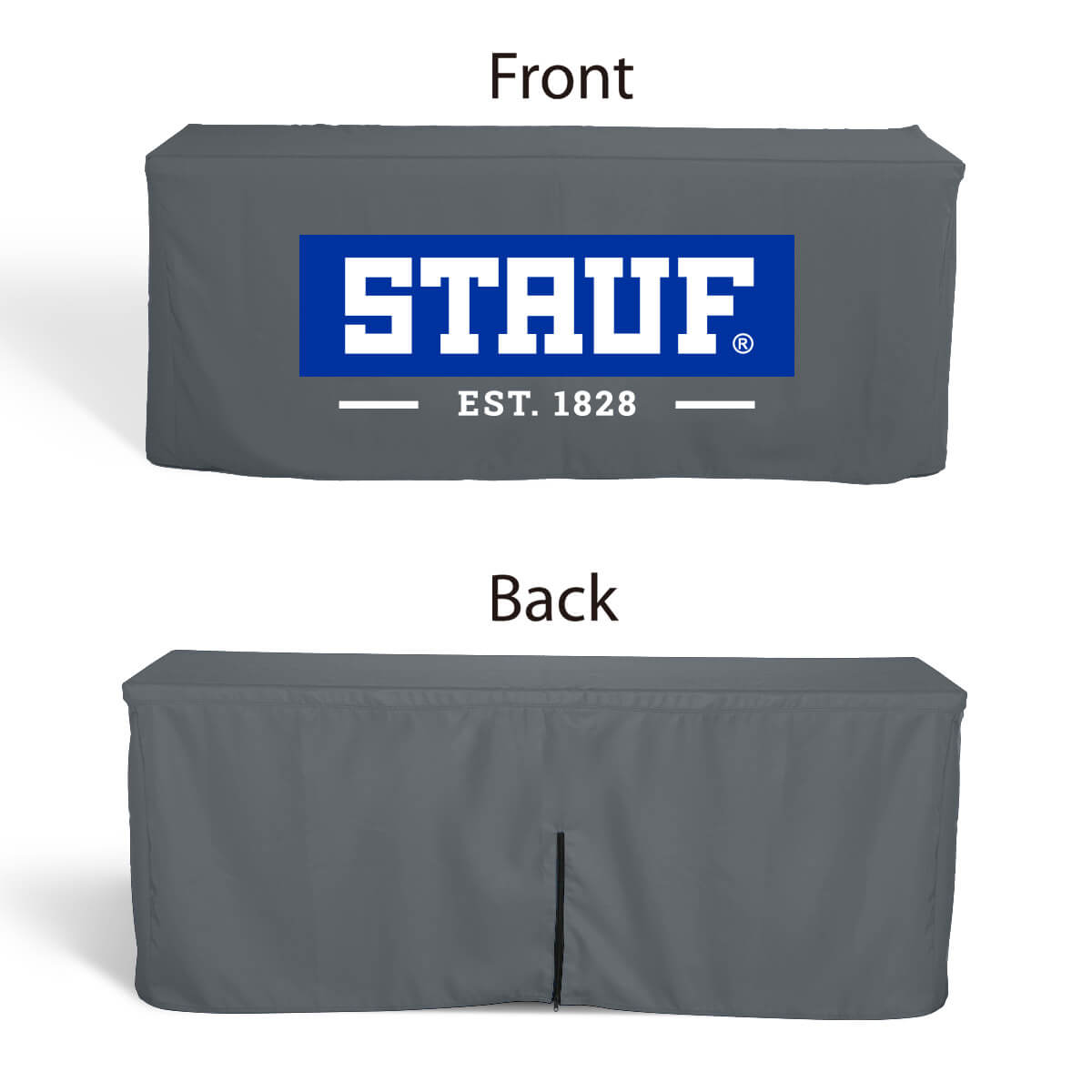 Buy closed-back, box-style 4ft fitted table covers with 16" zipper closure at the back in a variety of fabrics, including water-proof, flame-retardant, and premium poly, at wholesale discounted prices.