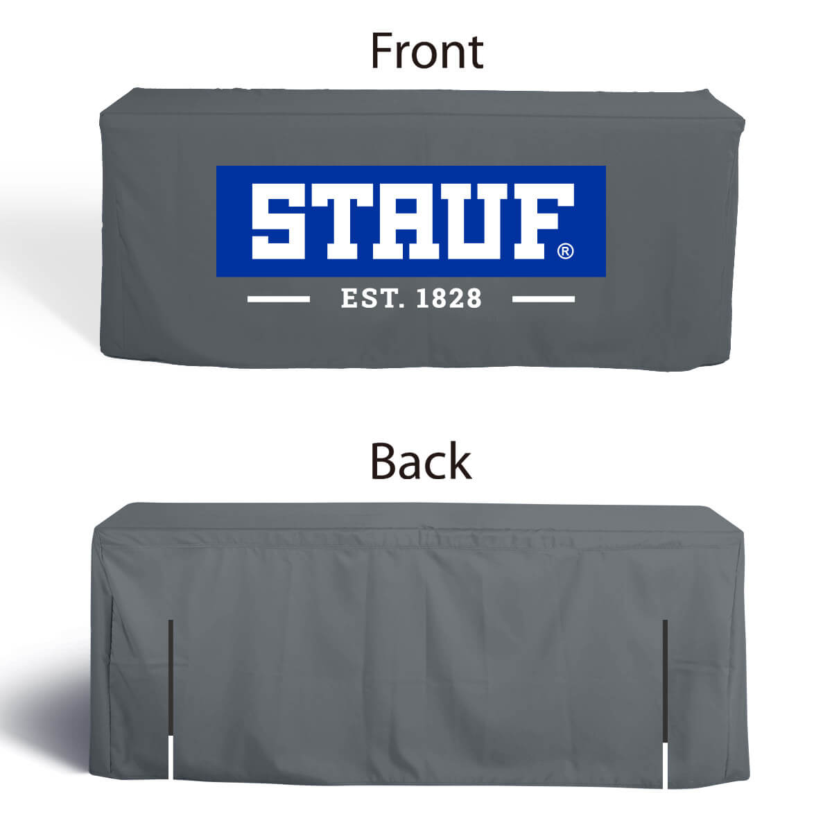 Buy closed-back, box-style 5ft fitted table covers with two 16" back slits in a variety of fabrics, including water-proof, flame-retardant, and premium poly, at wholesale discounted prices.
