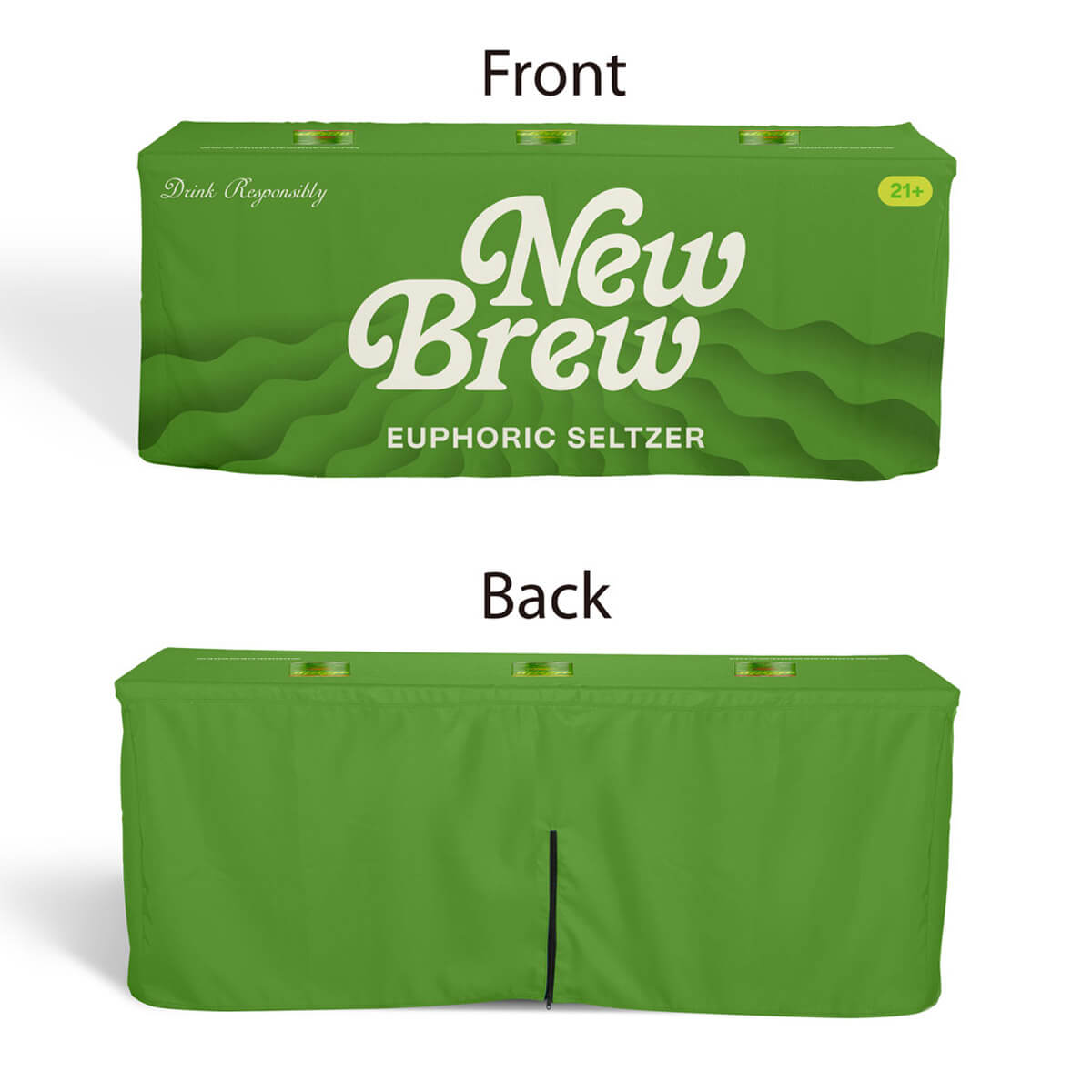 Buy closed-back, box-style 5ft fitted table covers with 16" zipper closure at the back in a variety of fabrics, including water-proof, flame-retardant, and premium poly, at wholesale discounted prices.