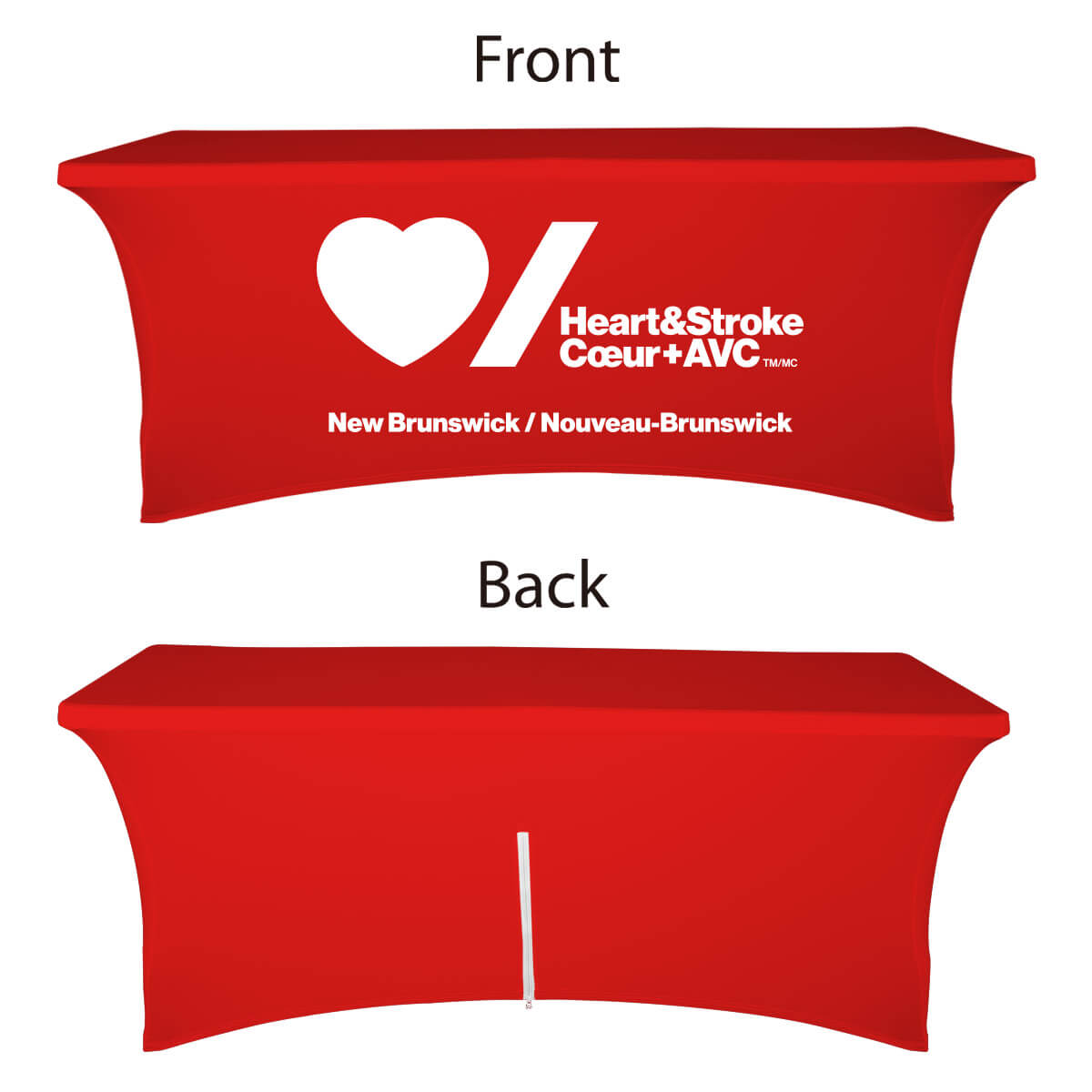 Buy closed-back 5ft stretch table covers with 16" zipper closure at the back in a variety of fabrics, including economy, waterproof, and premium spandex, at wholesale discounted prices.