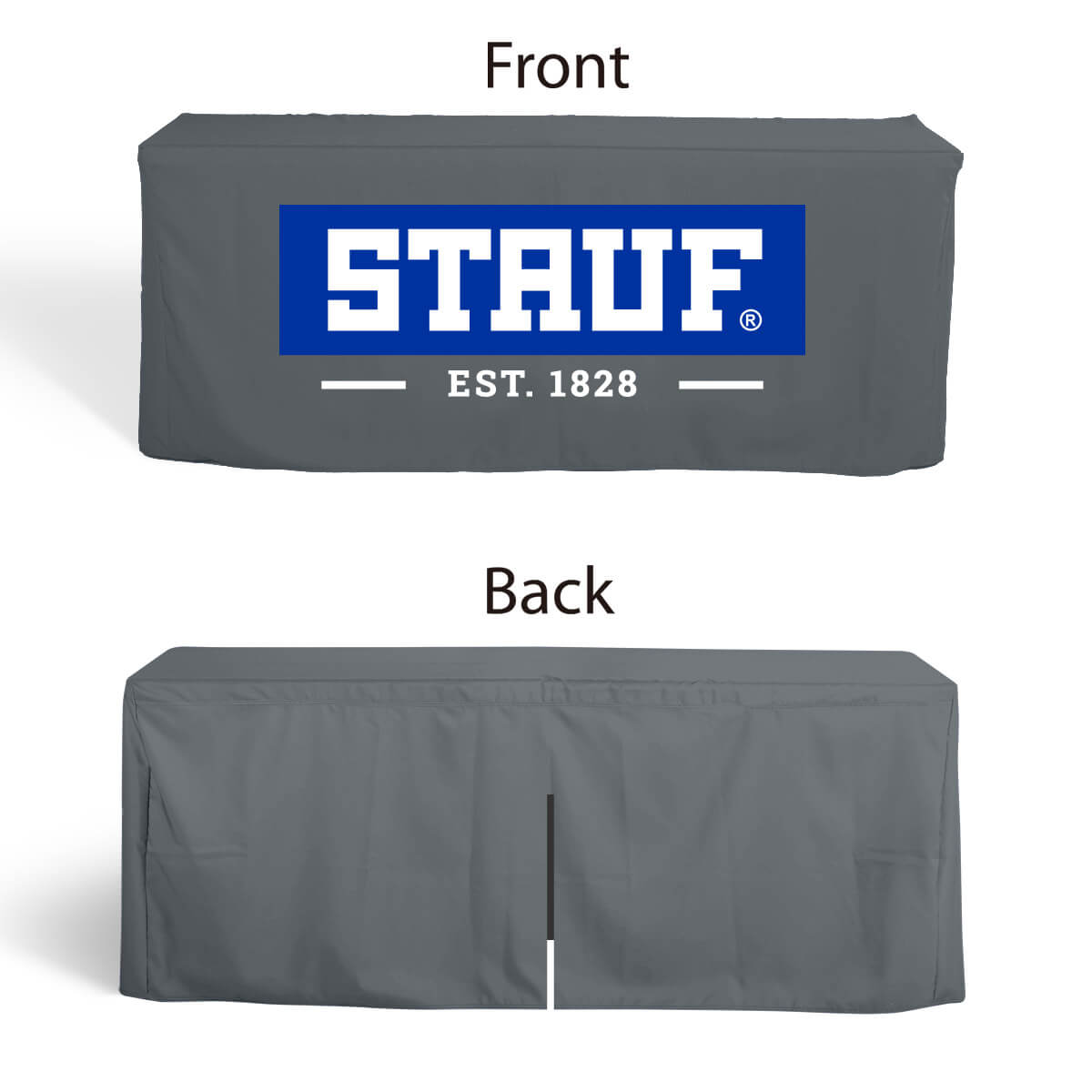 Buy closed-back, box-style 6ft fitted table covers with 16" back slit in a variety of fabrics, including water-proof, flame-retardant, and premium poly, at wholesale discounted prices.