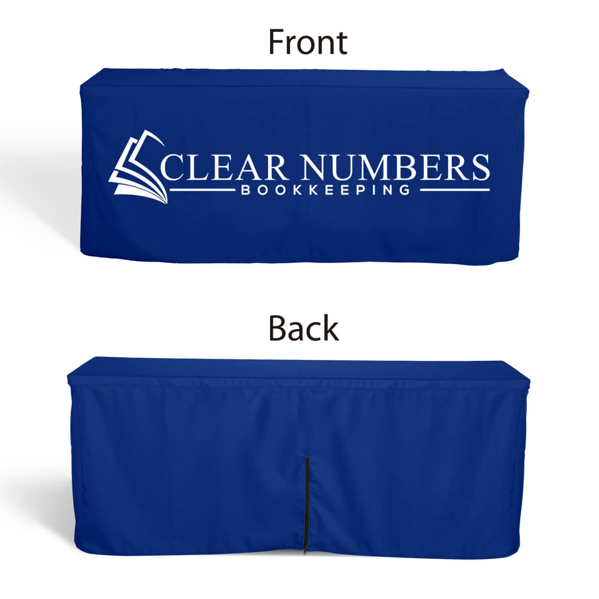 Buy closed-back, box-style 6ft fitted table covers with 16" zipper closure at the back in a variety of fabrics, including water-proof, flame-retardant, and premium poly, at wholesale discounted prices.