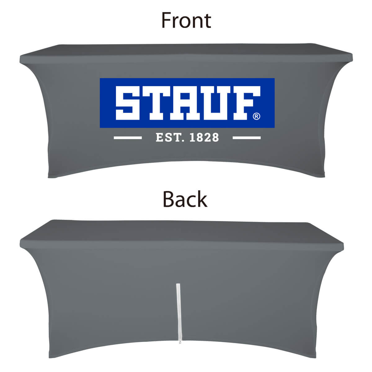 Buy closed-back 6ft stretch table covers with 16" zipper closure at the back in a variety of fabrics, including economy, waterproof, and premium spandex, at wholesale discounted prices.