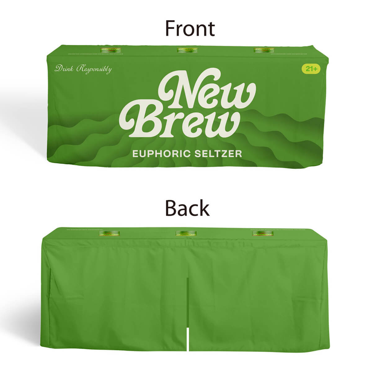 Buy closed-back, box-style 8ft fitted table covers with 16" back slit in a variety of fabrics, including water-proof, flame-retardant, and premium poly, at wholesale discounted prices.