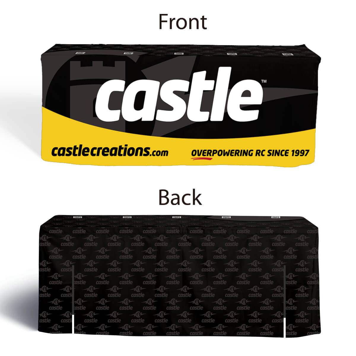 Buy closed-back, box-style 8ft fitted table covers with two 16" back slits in a variety of fabrics, including water-proof, flame-retardant, and premium poly, at wholesale discounted prices.