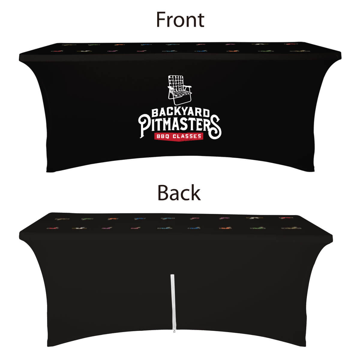 Buy closed-back 8ft stretch table covers with 16" zipper closure at the back in a variety of fabrics, including economy, waterproof, and premium spandex, at wholesale discounted prices.
