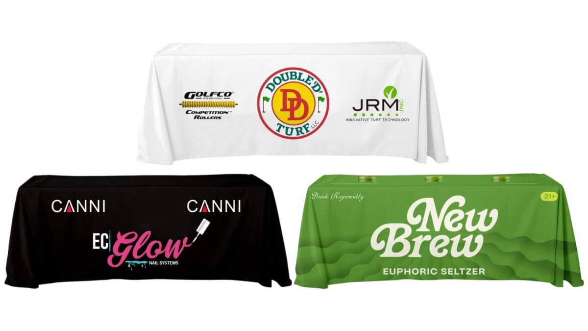 Order all over printed throw tablecloths for 4 ft, 5 ft, 6 ft, and 8 ft rectangular tables in standard or custom sizes and heights, with options for 3-sided open back and 4-sided table coverings.