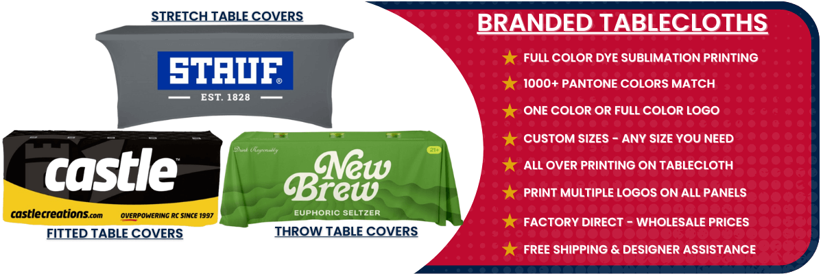 Shop for trade shows, events, schools, company logo tablecloths. Custom printed table covers in full color, all over printing, customized sizes, brand colors.