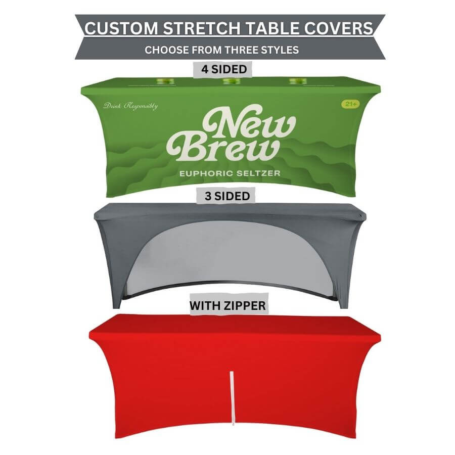 Buy wrinkle-free custom stretch table covers printed with your logo and brand colors for 4 ft, 5 ft, 6 ft, and 8 ft standard and custom-sized tables (any width, any height, any length) at wholesale discounted prices.