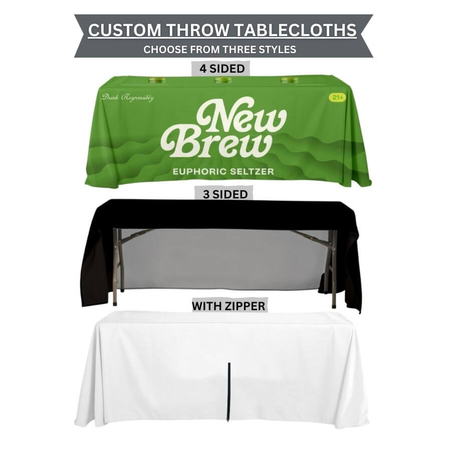 Buy all over printed custom throw tablecloth with logo for 4 foot, 5 foot, 6 foot, and 8 foot standard and custom-sized tables (any width, any length, any height) at wholesale discounted prices.