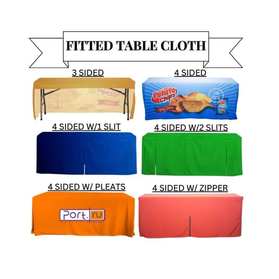 Buy professional fitted table covers for 4', 5', 6', and 8' standard and custom-sized tables (extra large or extra tall) at wholesale discounted prices.