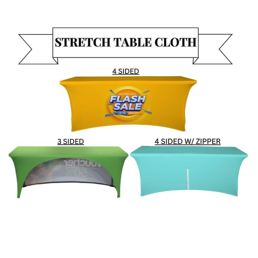 Buy wrinkle-free custom stretch table covers for 4 ft, 5 ft, 6 ft, and 8 ft standard and custom-sized tables (any width, any height, any length) at wholesale discounted prices.